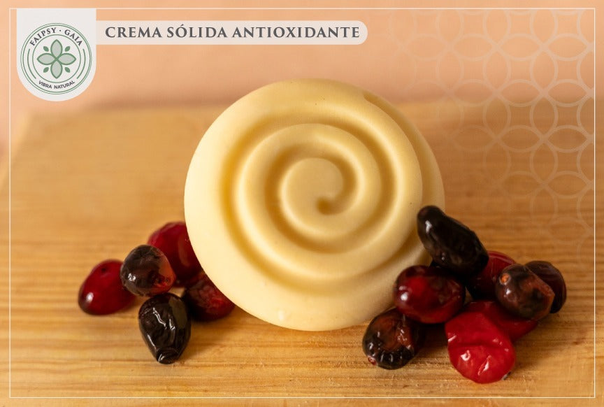 Crema antioxidante sólida con aceite de rosa mosqueta y argán. Sella poros y rejuvenece