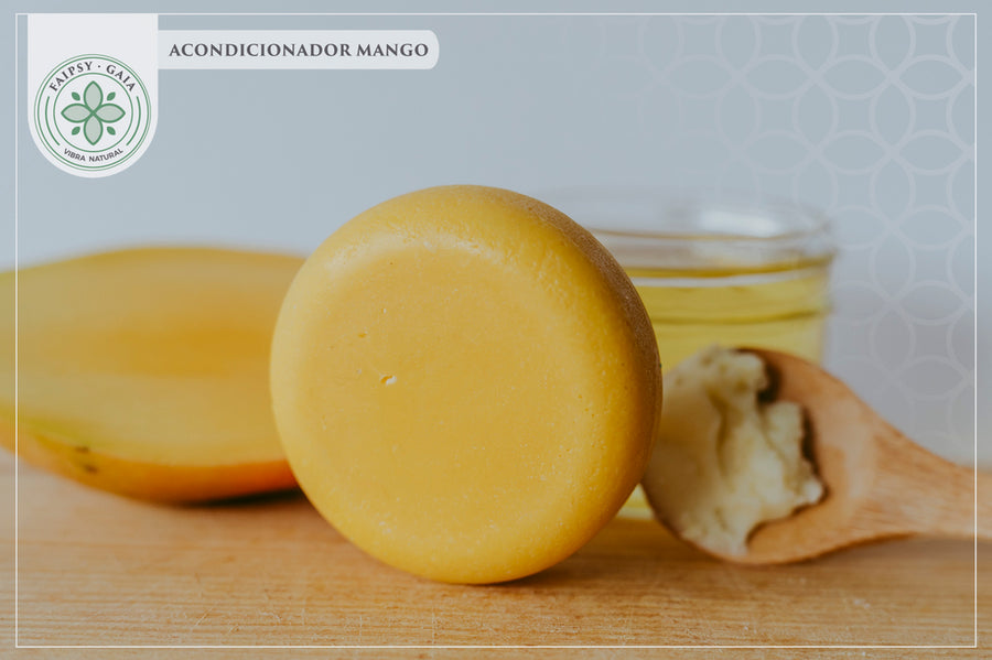 Acondicionador sólido de mango. Hidratación profunda y aroma tropical. Vegano, natural y libre de crueldad.