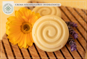 Crema sólida natural y ecológica de flores: textura suave, fácil de aplicar, hidrata profundamente, aroma floral delicado.