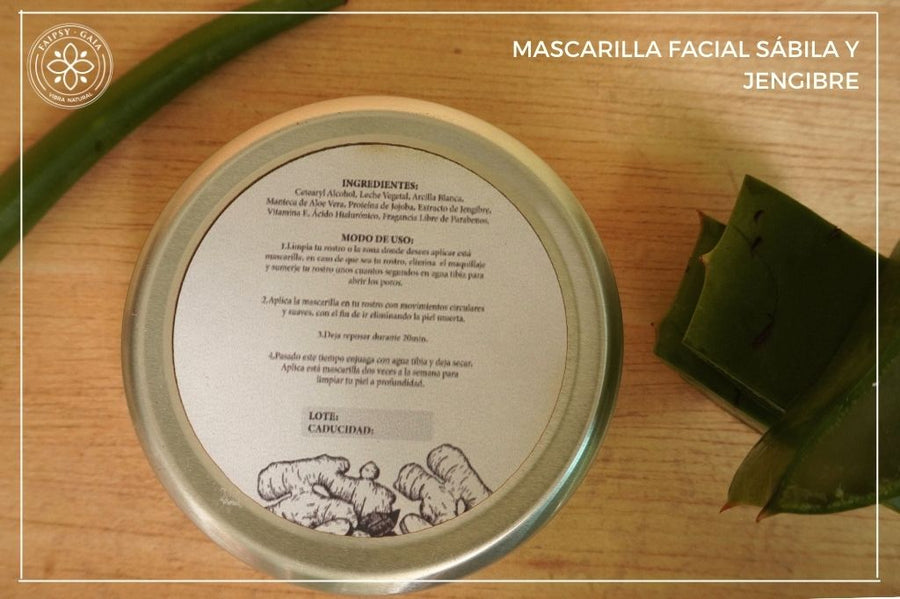 Mascarilla facial de sábila y jengibre: textura suave, fácil de aplicar, hidrata y revitaliza la piel.